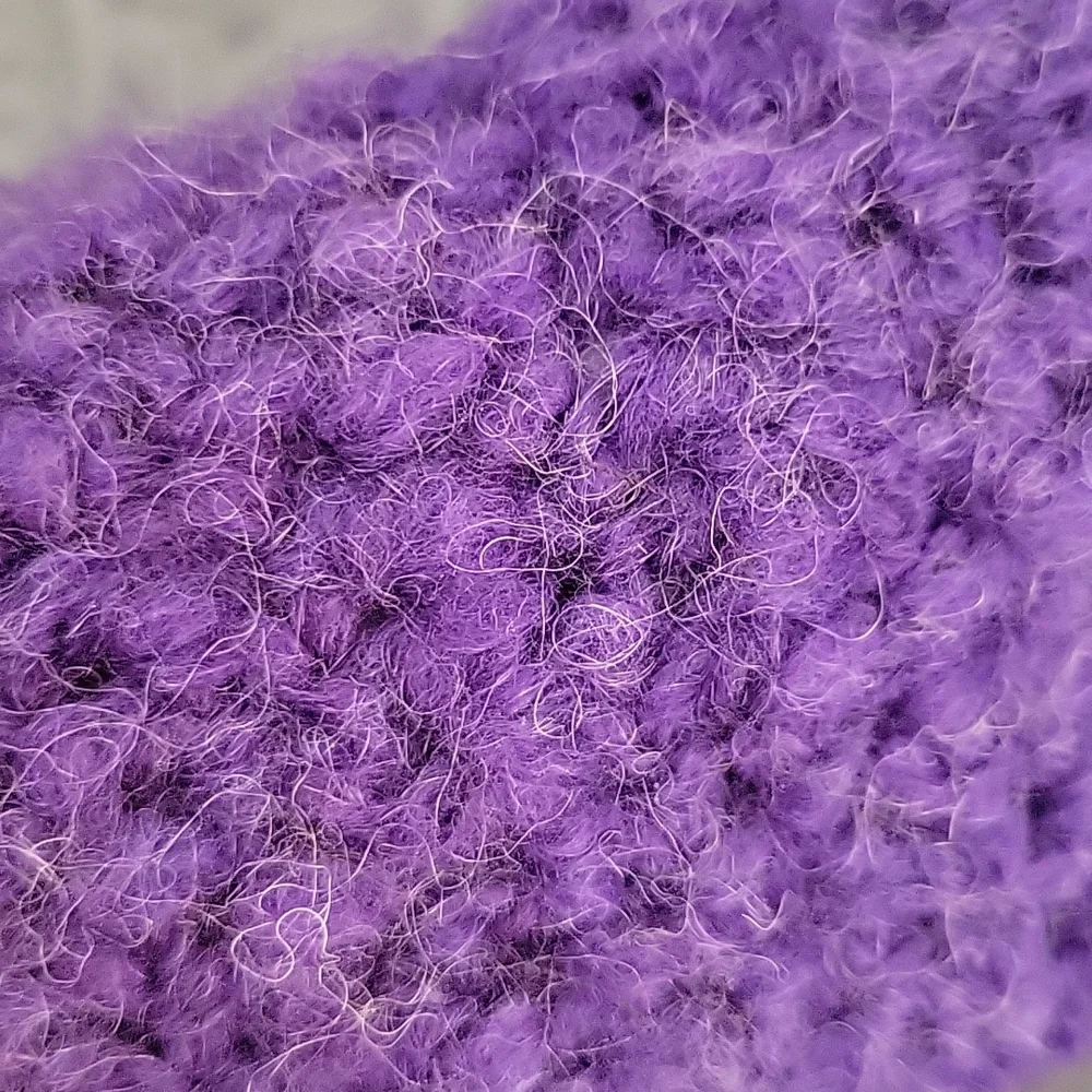 Ladies fuzzy Acrylic crocheted varigated purple mittens with cream fleece lining